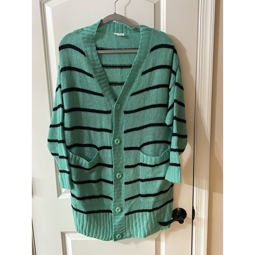 Lularoe Women’s Size Medium Green Black Striped Long Oversized Cardigan Sweater